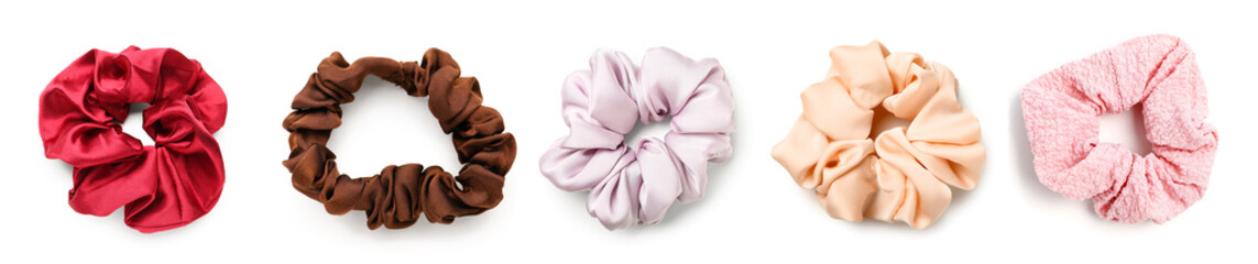 Set of stylish hair scrunchies on white background