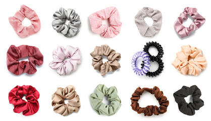Set of stylish hair scrunchies on white background