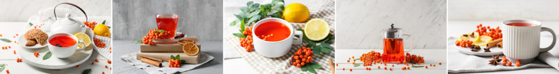 Collage with tasty rowan tea on light background