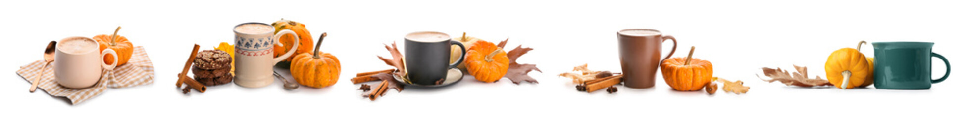 Set of tasty pumpkin coffee on white background