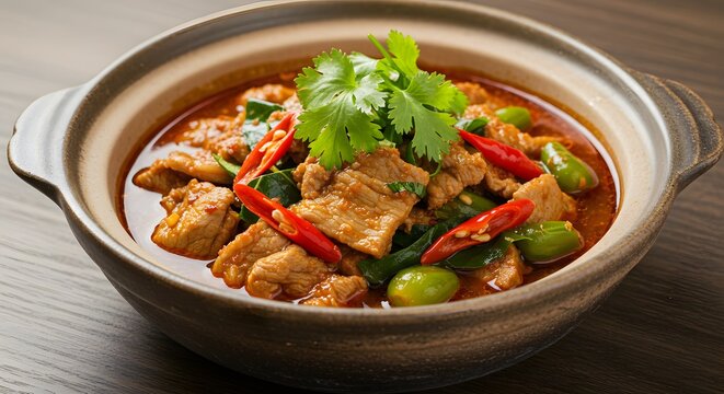 W&uuml;rziger bhutanischer Eintopf mit K&auml;se und Chili, garniert mit frischen Kr&auml;utern