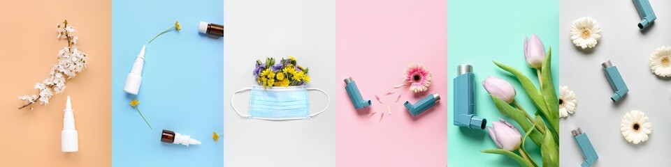Collage of nasal drops, inhalers and flowers on color background. Allergy concept