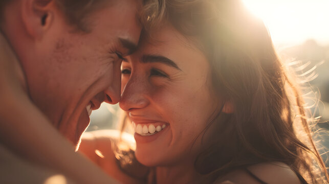 Joyful couple embracing outdoors, sharing laughter and warmth in a sunlit moment of connection