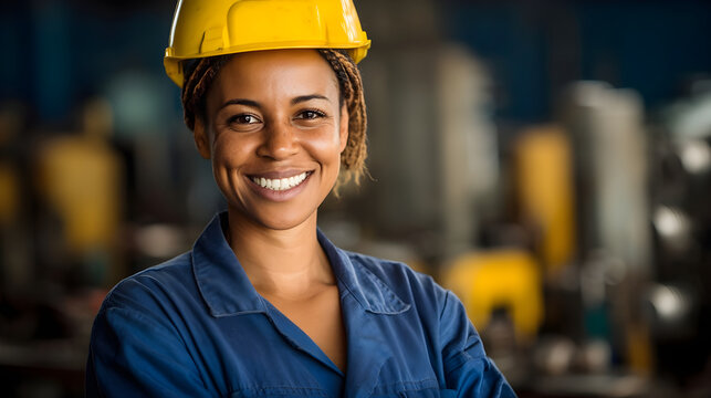 African American woman wearing safety helmet and blue coveralls smiling confidently in workshop
