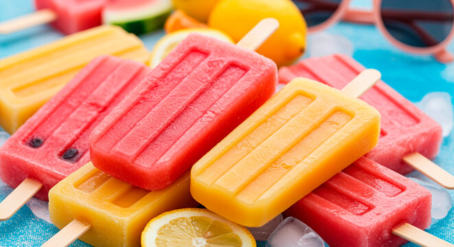 Tropical fruit popsicles of watermelon and mango, refreshing for summer, on a vibrant blue background - Powered by Adobe