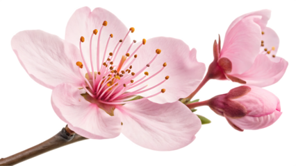 Two Pink Cherry Blossoms and Buds on a Stem Against Transparent Background pink flower spring blossom Cutout PNG isolated on a transparent background