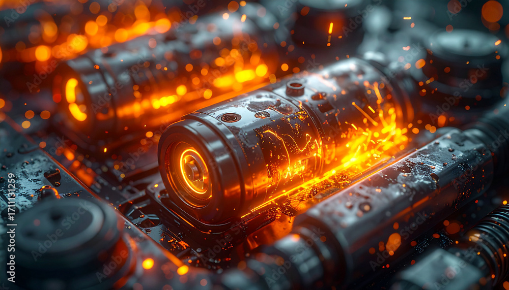 Poster technological combustion: abstract detail of battery with the visual metaphor for energy explosion a