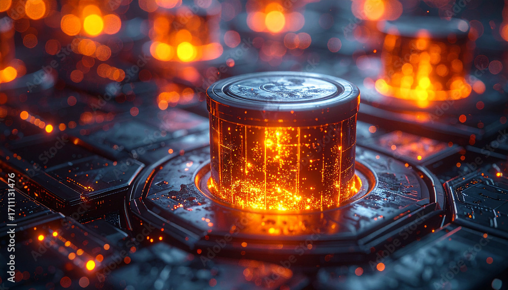Poster digital core of energy: a hyperrealistic 3d rendering showcases a central cylindrical energy core, a