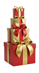 Fototapeta premium Stack of red and gold christmas gift boxes with bows, isolated on transparent background