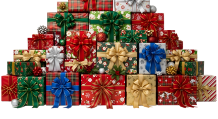 A large pile of christmas gifts with various wrapping paper patterns and ribbons, isolated on transparent background