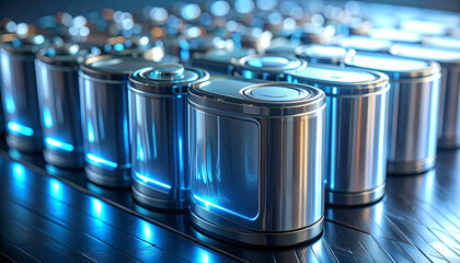 Power Cells Arrayed: This image reveals a meticulously arranged collection of cylindrical power cells with captivating blue light accents. These devices symbolize energy, innovation.