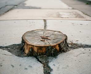 Old Tree Stump Growing Through Cracked Concrete Pavement Outdoors.