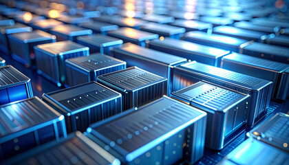 High-Tech Grid: A detailed macro shot reveals an array of futuristic metallic boxes or components, creating an abstract and tech-focused image.