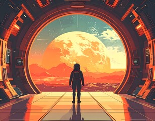 Astronaut gazes from a futuristic spaceship portal at a vast, orange alien landscape with a large moon.