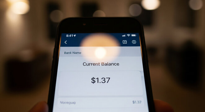 POV of a person holding a smartphone showing a low account balance or zero dollars on a mobile banking app for financial struggle and budgeting themes