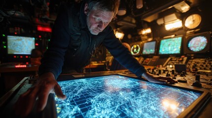 In the ships navigation room a captain leans over a glowing digital screen displaying a grid of nautical charts tapping coordinates into a touchscreen interface while surrounded by