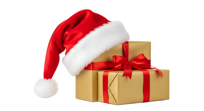 Two stacked gift boxes wrapped in brown paper with red ribbon and a santa hat on top, isolated on transparent background