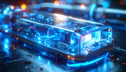 Fototapeta premium Electric Pulse: A conceptual visualization of a high-tech battery, electric charge flowing within it, conveying advanced technology with a futuristic glow.
