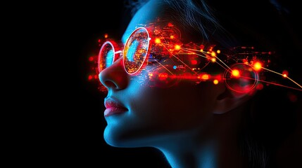 Futuristic woman with augmented reality glasses showcasing advanced technology and data