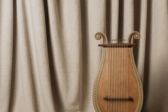 A Greek kithara (similar to a lyre) in a classical Roman villa setting, marble floor and draped fabrics in the background