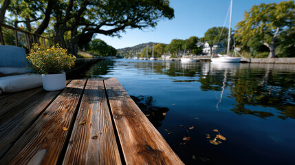 Obraz premium A tranquil wooden dock extends into calm waters, framed by vibrant greenery and sailboats, creating a peaceful retreat ideal for relaxation and enjoyment of nature's beauty.