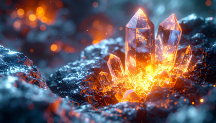 Glowing Crystal: A mesmerizing scene where radiant crystals emerge from a dark, textured surface, illuminated by an ethereal, internal glow. An eye-catching depiction of nature's artistry.