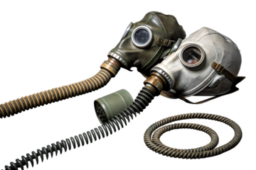 Codependent relationship, negative emotions, hazardous affair and toxic love concept with two gas masks connected on the same hose to represent codependency isolated on dark background with copy space
