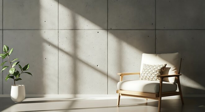 Modern minimalist interior with concrete walls, natural light, and long shadows. A cozy armchair and potted plant define this serene, contemporary living area