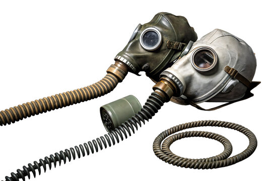 Codependent relationship, negative emotions, hazardous affair and toxic love concept with two gas masks connected on the same hose to represent codependency isolated on dark background with copy space