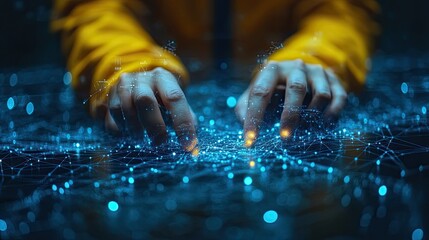 Hands interacting with digital network interface and technology interface data visualization