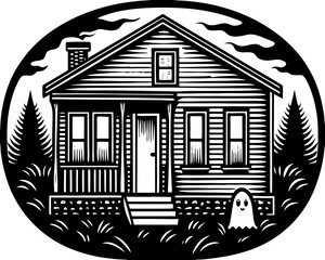 Minimalist Haunted House with Cute Ghost in Doorway – Black and White Vintage Illustration