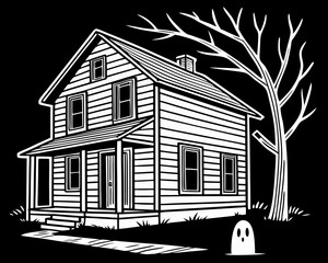 Minimalist Haunted House with Cute Ghost in Doorway – Black and White Vintage Illustration