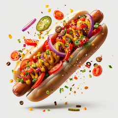 Chicago-style hot dog with toppings flying off