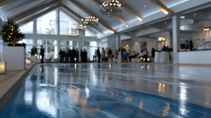 A chic indoor venue featuring an ice rink and bright chandeliers, blending modern aesthetics with fun and elegance, creating a unique social setting for gatherings.