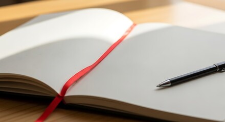 Fototapeta premium A blank notebook with a red bookmark and a pen rests on a wooden surface, bathed in soft sunlight.