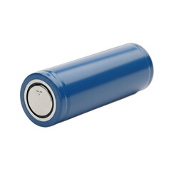A single blue cylindrical rechargeable lithium ion battery. PNG Transparent