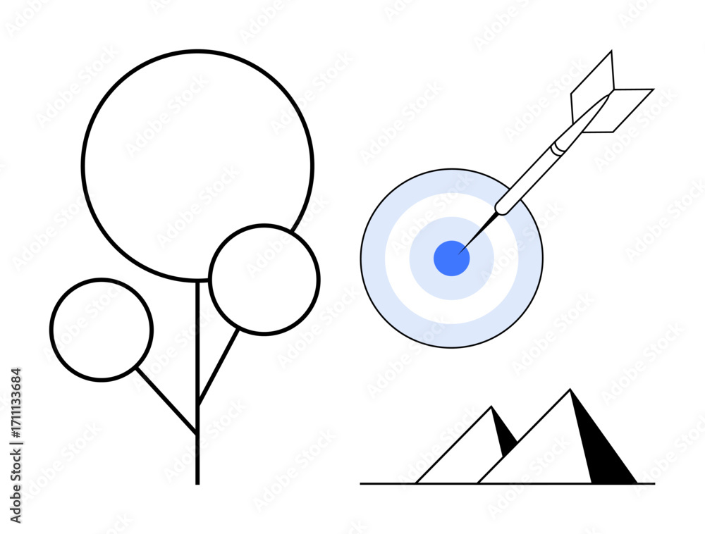 Poster abstract tree, archery target with dart at bullseye, and geometric pyramids. ideal for success, stra