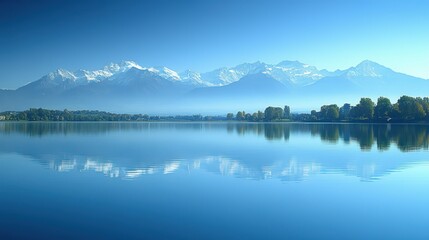 Serene Lake with Snow - Capped Mountains Reflection