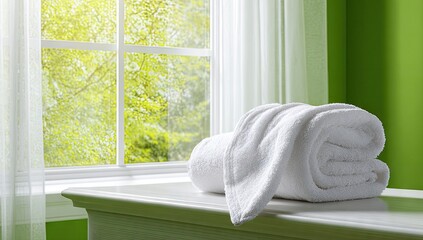 Clean white towel placed on a sunny windowsill overlooking a lush green garden.