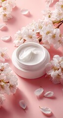 Luxury White Skincare Cream Jar Surrounded by Delicate Cherry Blossoms.