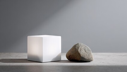 Minimalist composition featuring a white geometric cube and a natural stone on a grey surface.