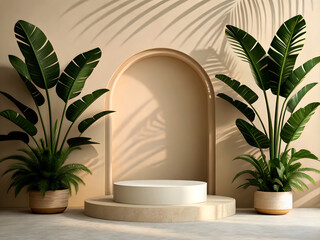 A minimalistic podium scene with a smooth circular base and a smaller elevated platform in the center