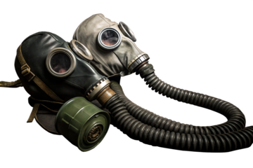 Codependent relationship, negative emotions, hazardous affair and toxic love concept with two gas masks connected on the same hose to represent codependency isolated on dark background with copy space