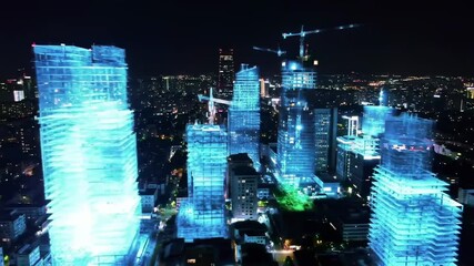 Innovative urban planning concept using holographic technology to visualize architectural construction in a futuristic smart city at night - Powered by Adobe