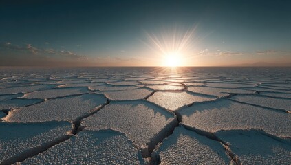 Vast Cracked Salt Flats Under a Dramatic Sunset Sky.
