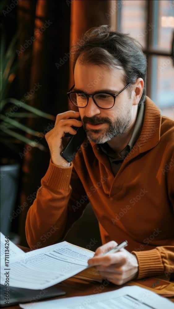 Poster a man is talking on a cell phone while writing on a piece of paper. he is wearing glasses and a brow