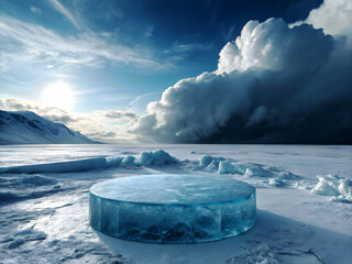 A surreal icy landscape featuring a large circular podium made entirely of transparent blue ice, placed at the center