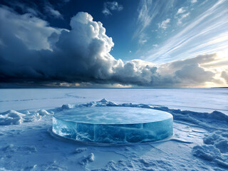 A surreal icy landscape featuring a large circular podium made entirely of transparent blue ice, placed at the center