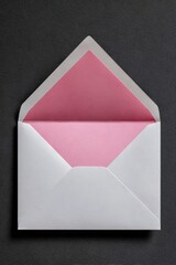 Open white envelope with pink interior on dark background.