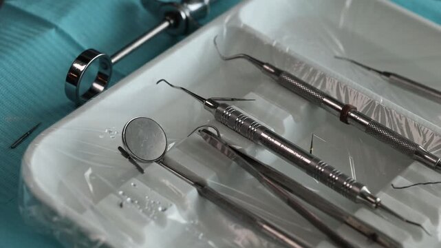 Close-up of a dental tray with professional instruments during treatment. Visible mirror, tweezers, bur machine tips, dental picks, and anesthesia syringe. Concept of modern dentistry and oral care.